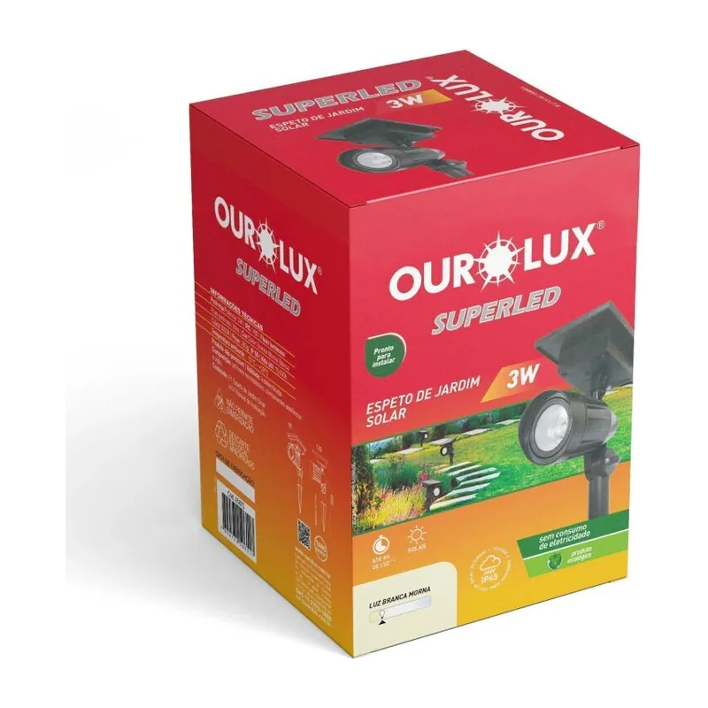 Espeto spot solar Ourolux 3 W na caixa, com a placa solar e o foco direcionável à mostra
