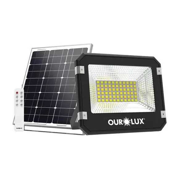 Refletor solar Ourolux 60 W preto, com placa solar e controle remoto